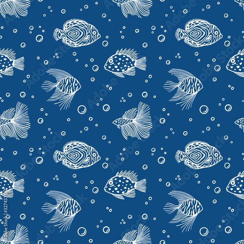 Seamless pattern with fish on classic blue background. Color is classic blue. Dinamic cute Sea pattern with fish and bubbles. Layout design use for aquarium shops, seaquarium, fish market and shop.