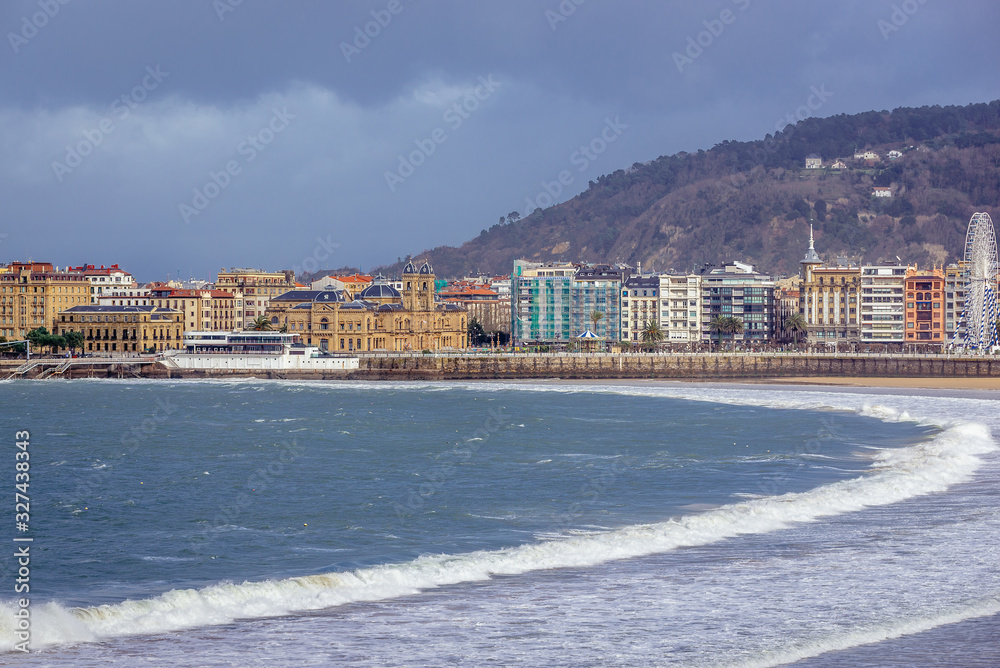 Buildings over La Concha beach in San Sebastian city also called Donostia in Basque Country, Spain