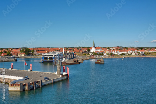 Ronne, Denmark - June 22, 2019. Ferryboat moored in port of Ronne, Bornholm island, Denmark.