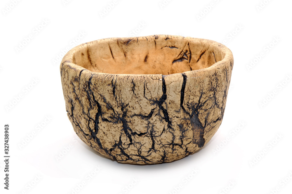 Fototapeta premium Handmade tree bark Ceramic pot Isolated on white background.