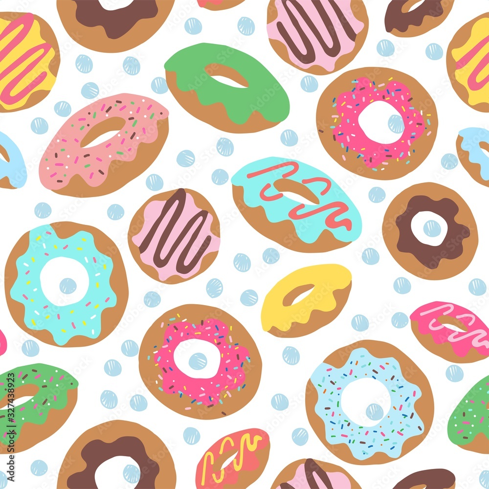 Seamless repeat pattern with colourful colorful donuts doughnuts with sprinkles and icing tossed on a white background with scribbled drawn sketched blue dots Seamless repeat pattern with colourful colorful donuts doughnuts with sprinkles and icing tossed on a white background with scribbled drawn sketched blue dots