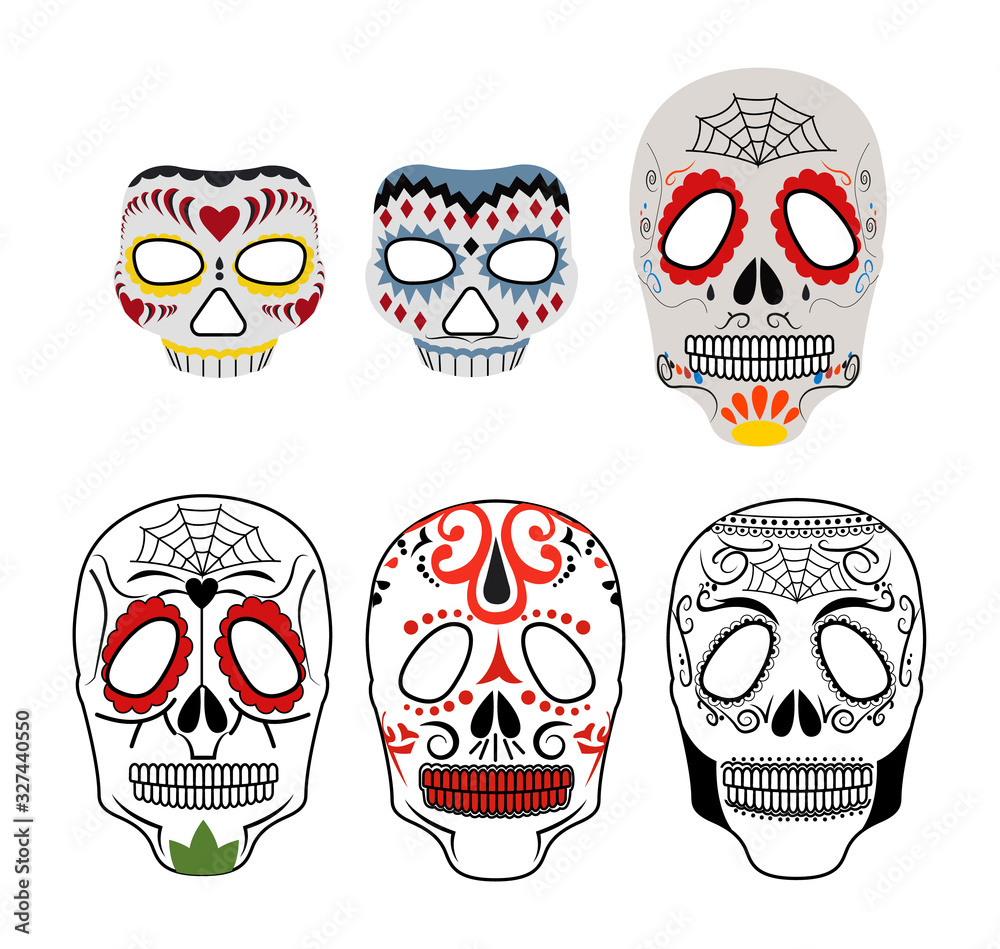 illustration of day of the dead skulls masks on white