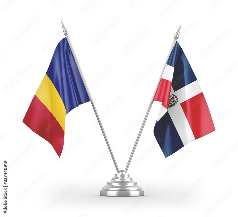 Dominican Republic and Romania table flags isolated on white 3D rendering Dominican Republic and Romania table flags isolated on white 3D rendering