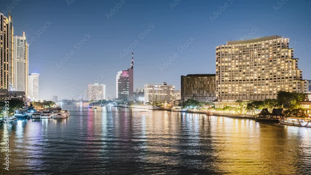 Thailand, Bangkok, view of the river and water transport. Boats sail on the timelapse river. Transport connection of a modern city in Asia. Skyscrapers of a megalopolis. 4K Thailand, Bangkok, view of the river and water transport. Boats sail on the timelapse river. Transport connection of a modern city in Asia. Skyscrapers of a megalopolis. 4K