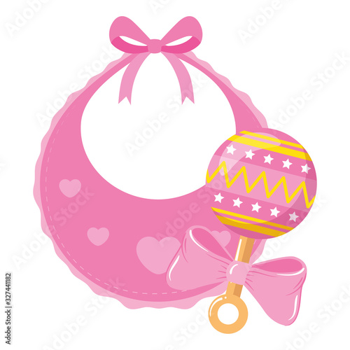 cute baby bib with rattle isolated icon vector illustration design