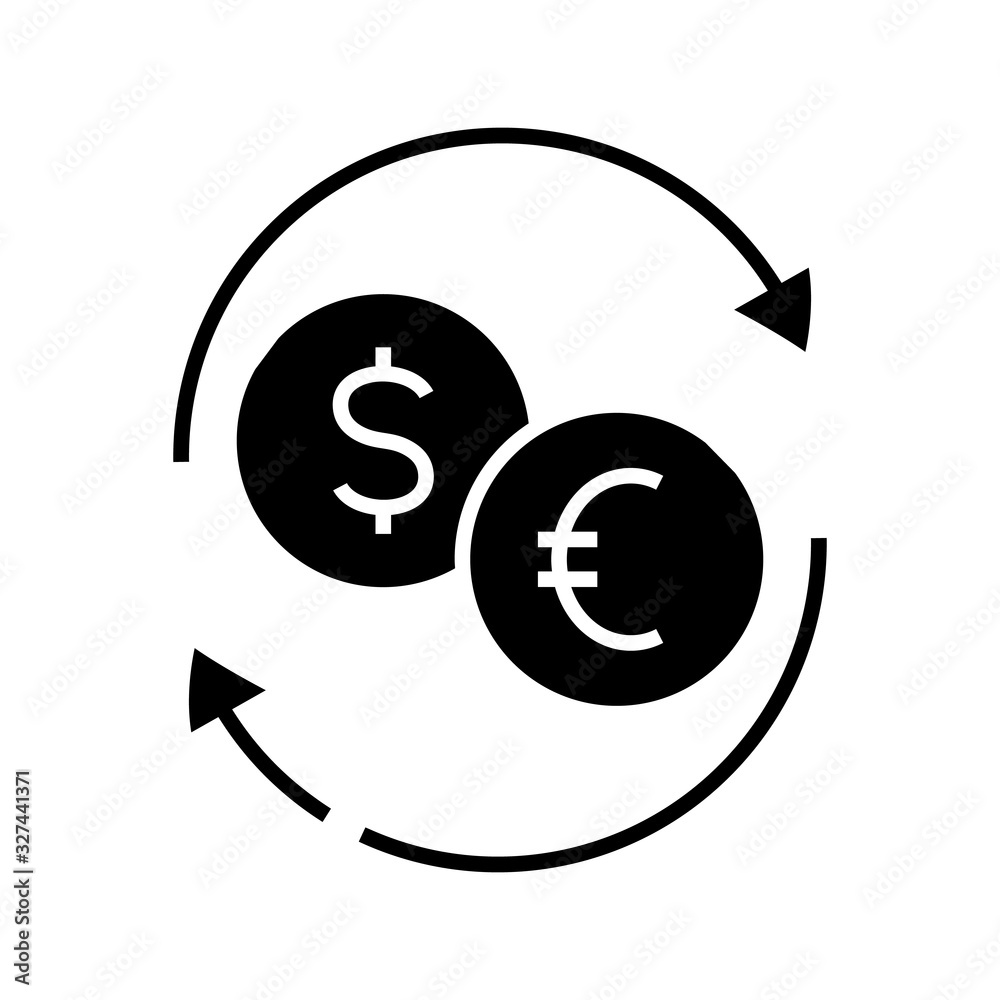 Currency exchange black icon, concept illustration, vector flat symbol, glyph sign. Currency exchange black icon, concept illustration, vector flat symbol, glyph sign.
