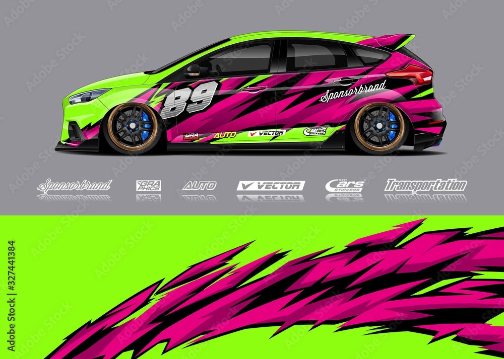 Racing car wrap design vector. Graphic abstract stripe racing background kit designs for wrap vehicle, race car, rally, adventure and livery Racing car wrap design vector. Graphic abstract stripe racing background kit designs for wrap vehicle, race car, rally, adventure and livery
