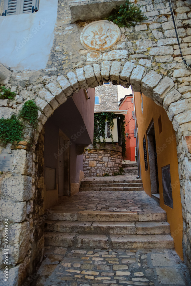 Low angle vertical image of baroque style faded coat of arms above the passage with arch and stairs on the street of Rovinj Croatia