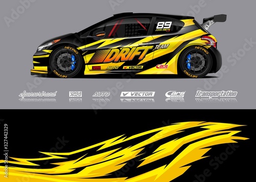 Racing car wrap design vector. Graphic abstract stripe racing background kit designs for wrap vehicle, race car, rally, adventure and livery