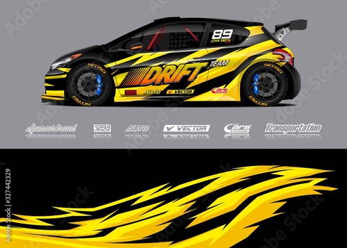 Racing car wrap design vector. Graphic abstract stripe racing background kit designs for wrap vehicle  race car  rally  adventure and livery