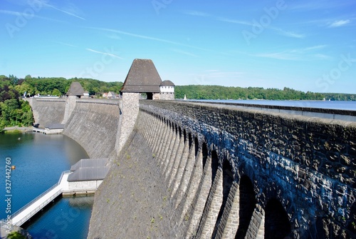 The Möhne Reservoir, or Moehne Reservoir, is an artificial lake in North Rhine-Westphalia, some 45 km east of Dortmund, Germany. The lake is formed by the damming of two rivers, Möhne and Heve.  photo