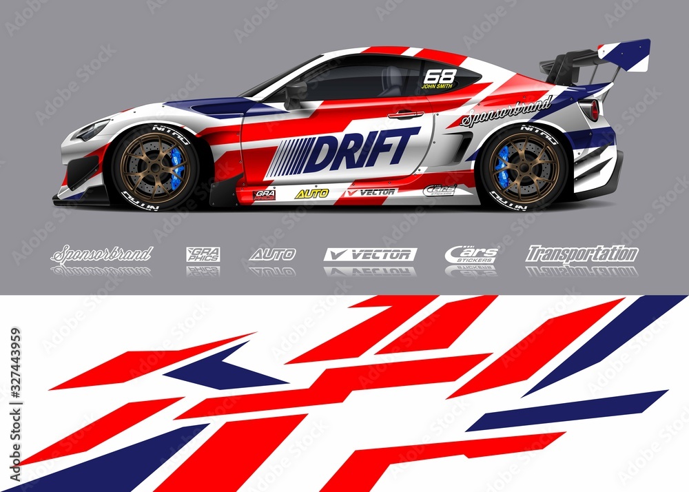 Racing car wrap design vector. Graphic abstract stripe racing background kit designs for wrap vehicle, race car, rally, adventure and livery