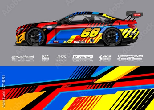 Racing car wrap design vector. Graphic abstract stripe racing background kit designs for wrap vehicle  race car  rally  adventure and livery
