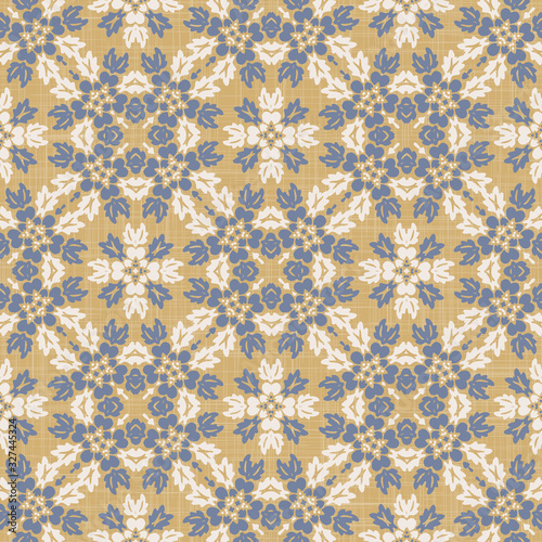Seamless daisy pattern in french blue linen shabby chic style. Hand drawn floral damask texture. Old white blue background.  Interior wallpaper home decor swatch. Ornate flourish motif all over print