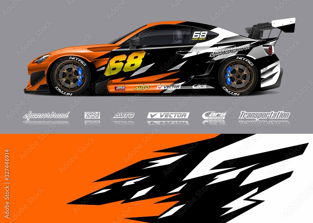 Fototapeta premium Racing car wrap decal graphic vector kit. Abstract stripe racing background designs for vinyl wrap race car, cargo van, pickup truck, adventure vehicle. Eps 10