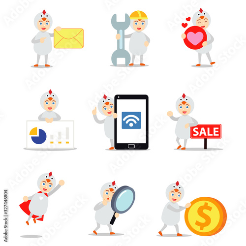 Set character of man performed as a little chick comes out from the egg.