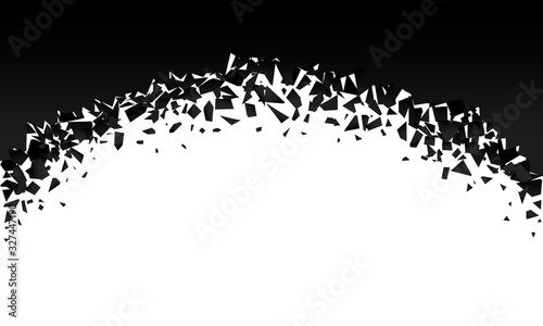 background explosion with debris. Isolated black illustration on white background. Concept, template for sale. Horizontal banner with 3d effect of particles.