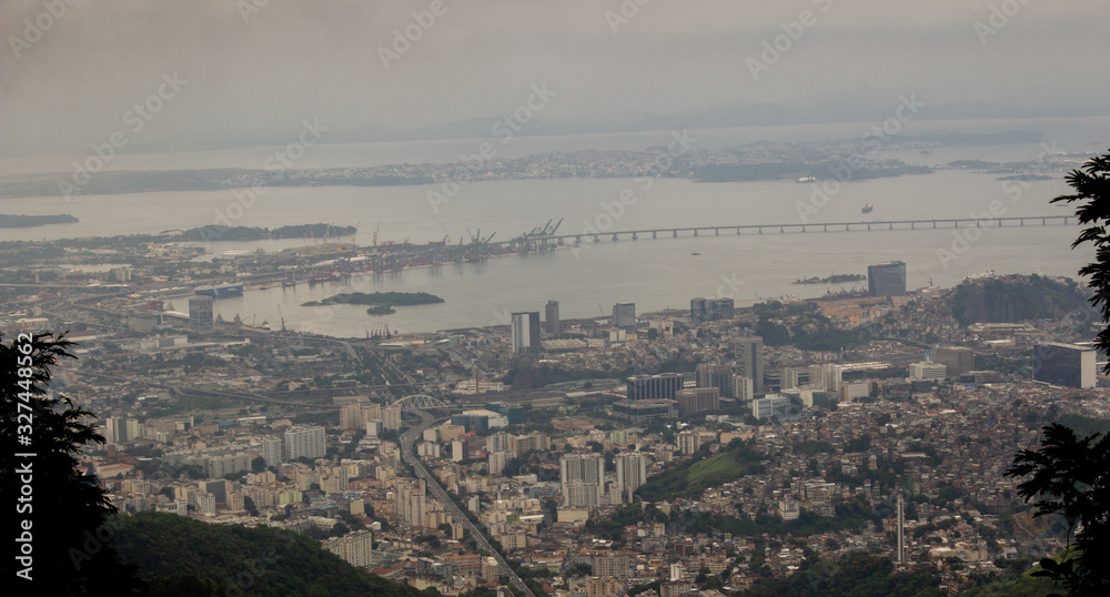 Panoramic view of Rio de Janeiro, showing the downtown area and the Niteroi Bridge