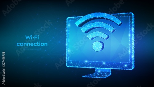 Wireless connection free WiFi concept. Abstract low polygonal computer monitor with wi-fi sign. Hotspot signal symbol. Mobile connection zone. Data transfer. Public assess zone. Vector illustration.