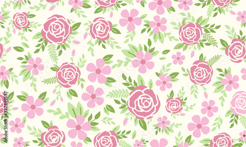 Cute rose flower pattern background for spring, with leaf and flower drawing.