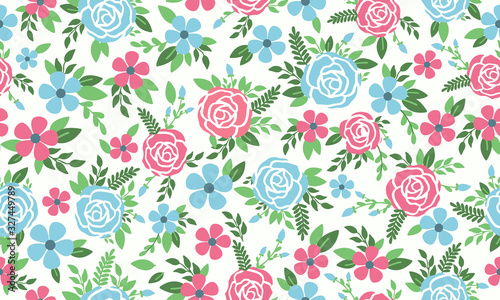 Cute rose flower pattern background for spring, with leaf and flower drawing.