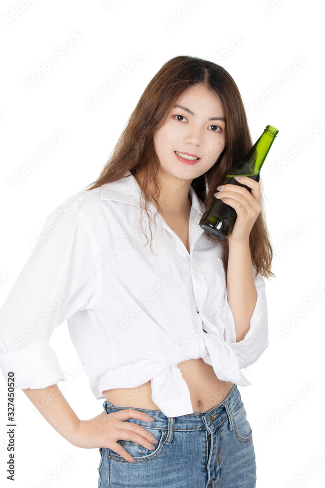 Chinese woman holding bottle of beer isolated on white background Chinese woman holding bottle of beer isolated on white background