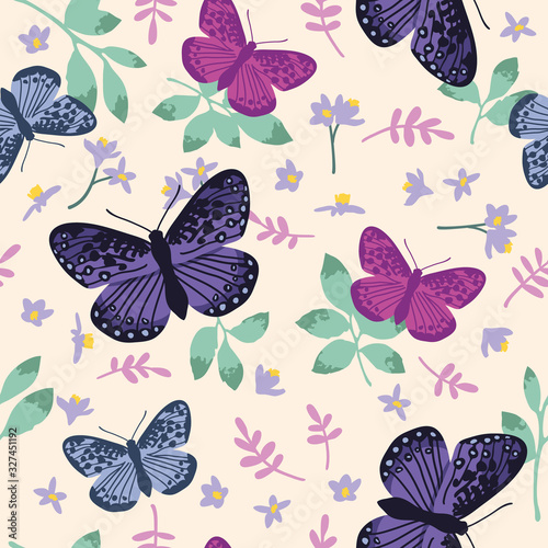 Vector seamless pattern with bright butterflies, leaves and flowers. Hand drawn texture design