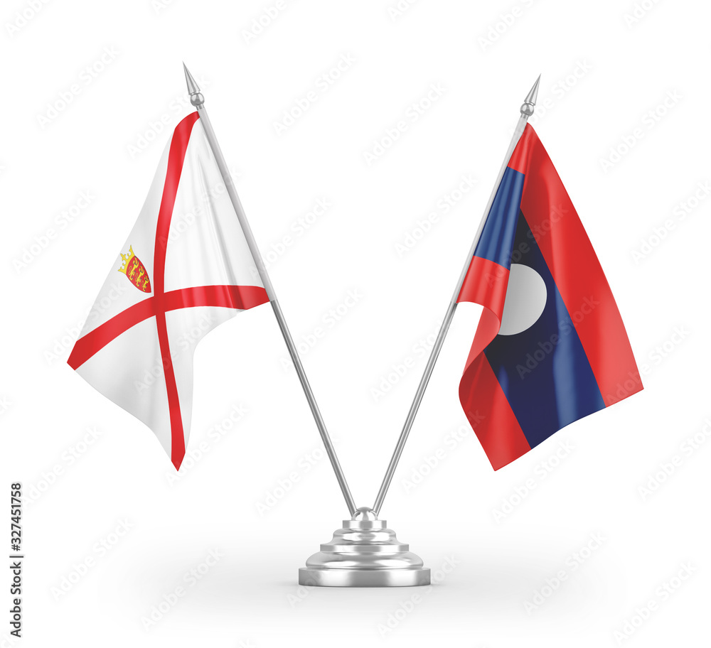 Laos and Jersey table flags isolated on white 3D rendering Laos and Jersey table flags isolated on white 3D rendering