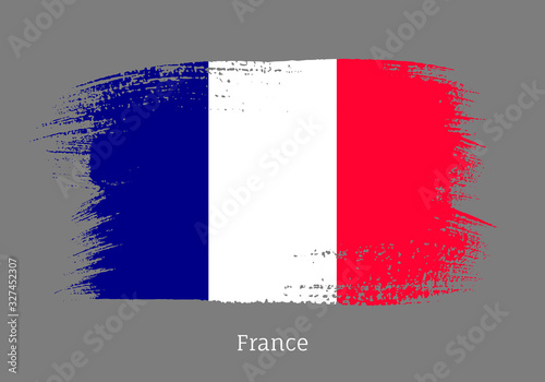 France official flag in shape of paintbrush stroke. French national identity symbol. Grunge brush blot object isolated on gray background vector illustration. France country patriotic stamp.