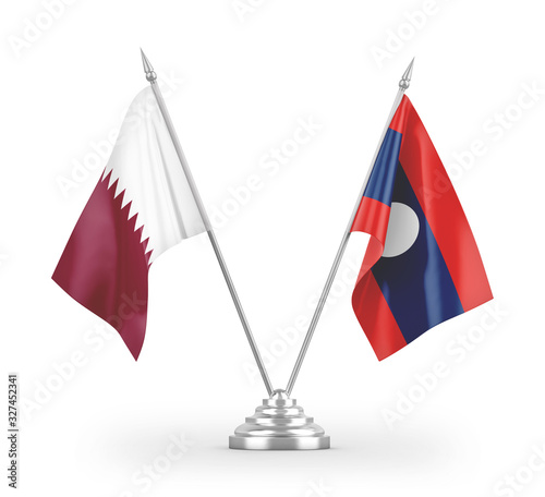 Laos and Qatar table flags isolated on white 3D rendering