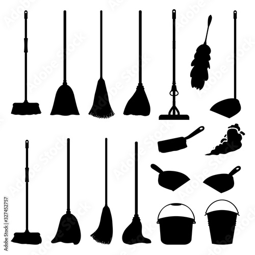 Cartoon household equipment set. A broom sweeps dust and dirt on scoop. mop or swab, feather duster, plastic bucket.Cleaning services, concept. Objects isolated white background. Stock vector.