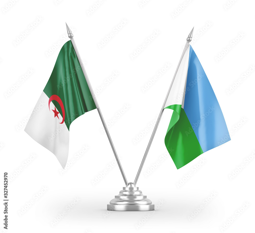 Djibouti and Algeria table flags isolated on white 3D rendering Djibouti and Algeria table flags isolated on white 3D rendering