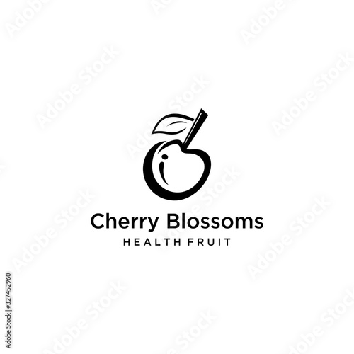 Illustration of abstract heart cherry fruit with a stem containing a leaf