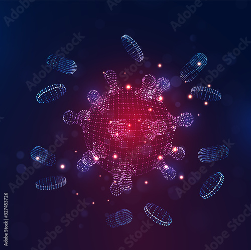 Novel Coronavirus (2019-nCoV). Virus Covid 19-NCP. Coronavirus nCoV denoted is single-stranded RNA virus. Background blue virus cells, blood platelets, capsule pills. Digital 3d vector illustration