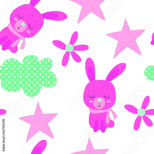 Seamless pattern with Pink Rabbits, Flowers, Stars and clouds with round spots
