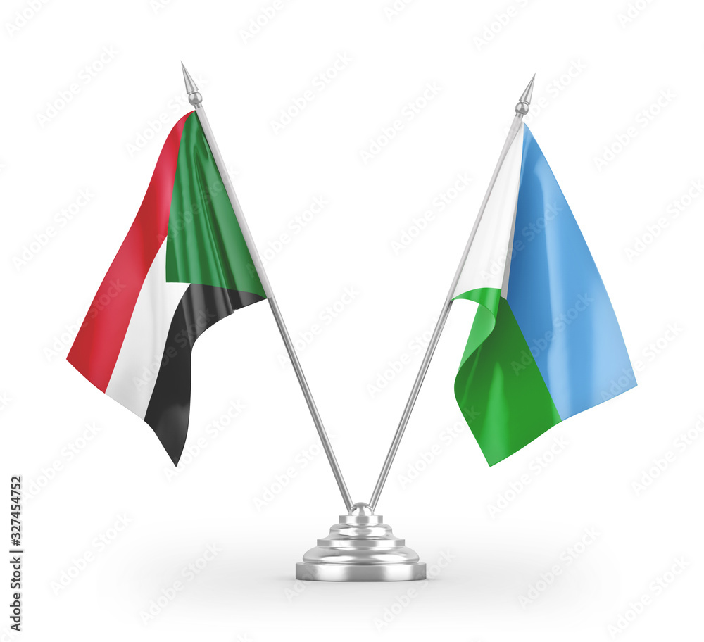 Djibouti and Sudan table flags isolated on white 3D rendering Djibouti and Sudan table flags isolated on white 3D rendering