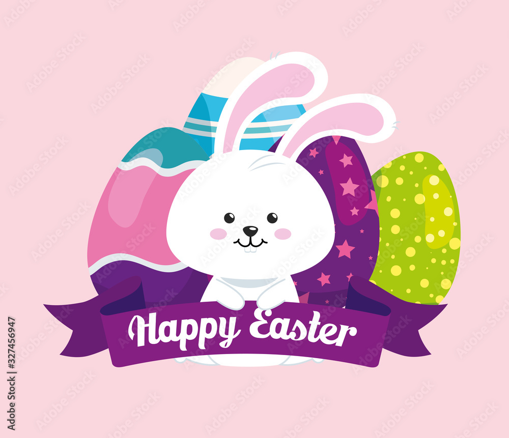 happy easter card with cute rabbit and eggs vector illustration design happy easter card with cute rabbit and eggs vector illustration design