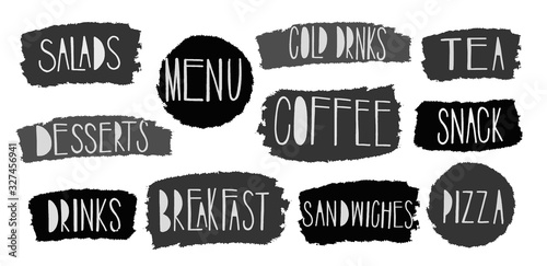 Vector brush stroke food menu text Boxes set. Painted strips, round, square.