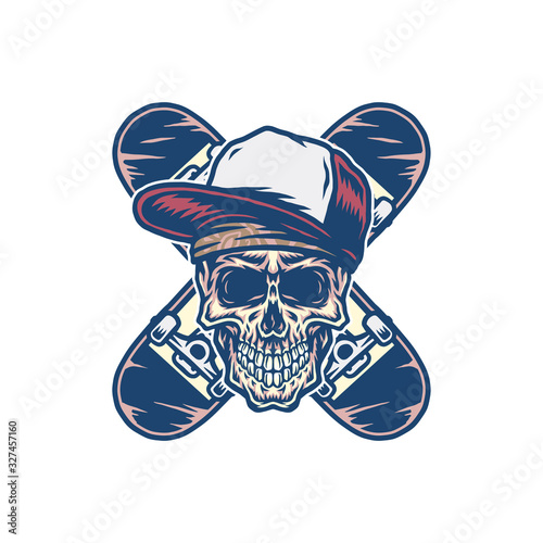 Skull and two crossed skateboards, hand drawn line with digital color, vector illustration
