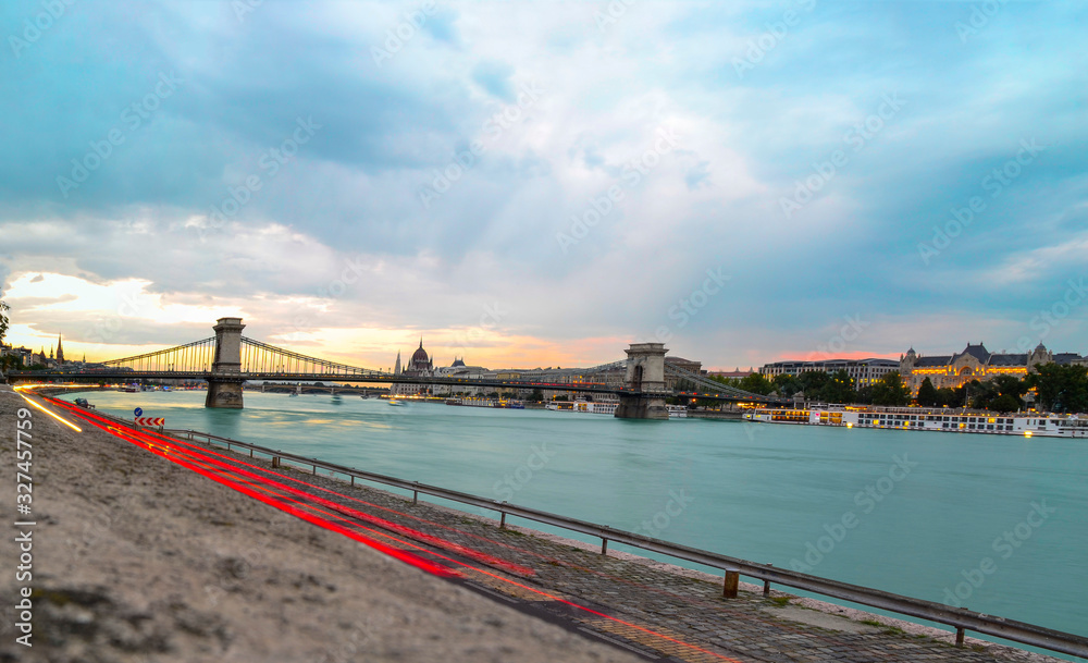 Beautiful panorama and amazing evening in Budapest on Danube river.