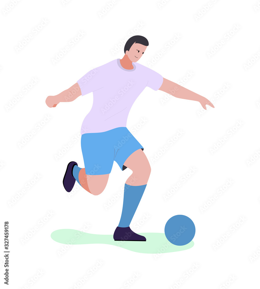 Cartoon Male Football Player Character Ready to Kick Ball. Flat Sportsman in Uniform Training, Fulfilling Blow. Summer Professional Sport. Active Recreation and Soccer. Vector Isolated Illustration