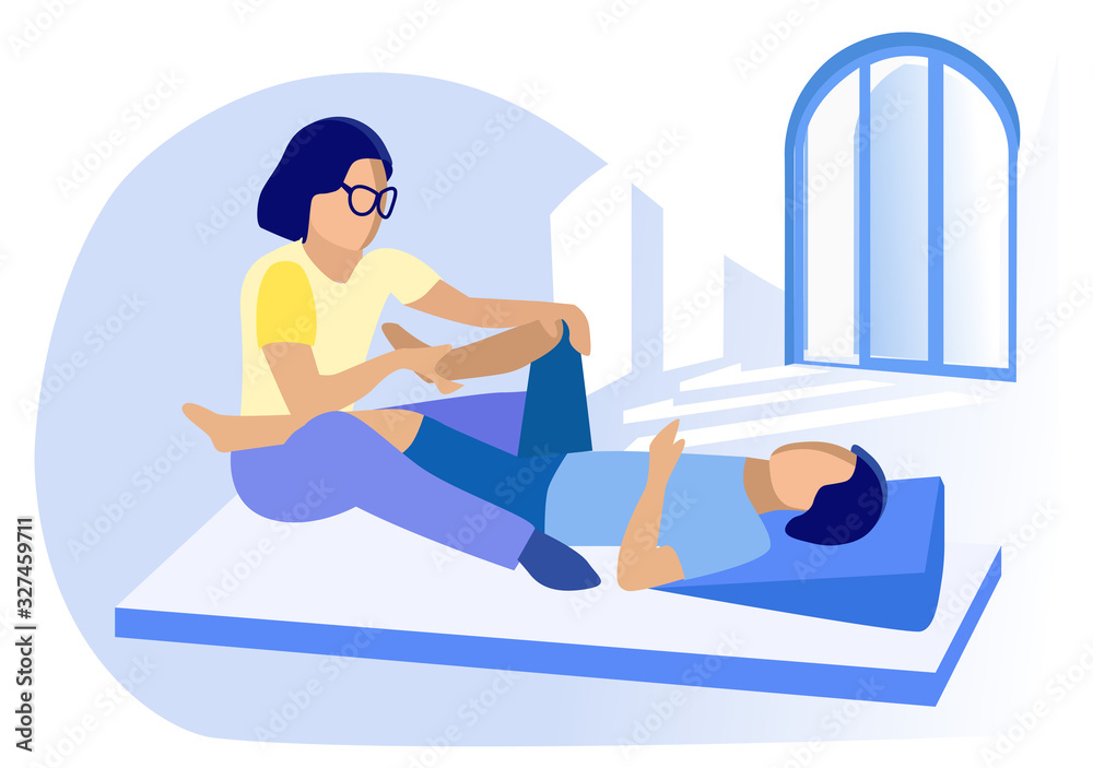 Physiotherapist Giving Leg Massage to Patient. Man Lying on Floor Gym Mat. Physiotherapy. Disabled People Treatment. Rehabilitation Center. Medicine and Healthcare. Vector Flat Cartoon Illustration