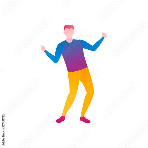 A man in a choreography class, a flat vector illustration. A young man dances in a club during a carnival. The clubber perform moves and dancing in a nightclub isolated on a white background.