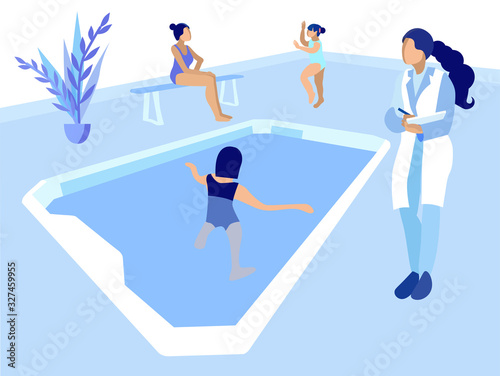 Swimming Pool in Pediatric Rehabilitation Clinic. Cartoon Girl without Leg Swim in Water under Doctor Physiotherapist Control. Recovery Procedure for Injured Children. Flat Cartoon Illustration