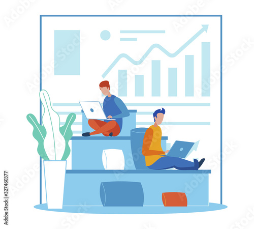 Office People, Employees or Freelancers Working on Laptop in Coworking Space. Business Analytics Team. Statistic Data Analysis and Marketing Metrics on Backdrop. Vector Flat Cartoon Illustration