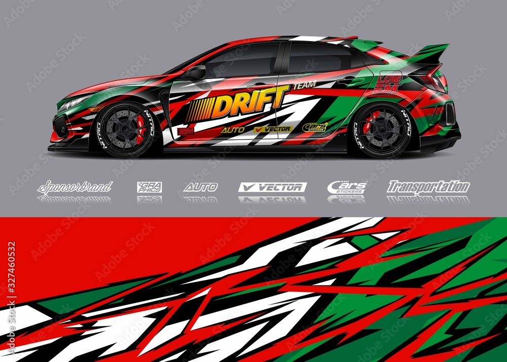 Racing car wrap decal graphic vector kit. Abstract stripe racing background designs for vinyl wrap race car, cargo van, pickup truck, adventure vehicle. Eps 10 Racing car wrap decal graphic vector kit. Abstract stripe racing background designs for vinyl wrap race car, cargo van, pickup truck, adventure vehicle. Eps 10