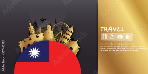 Taiwan Travel postcard, poster, tour advertising of world famous landmarks in paper cut style. Vectors illustrations