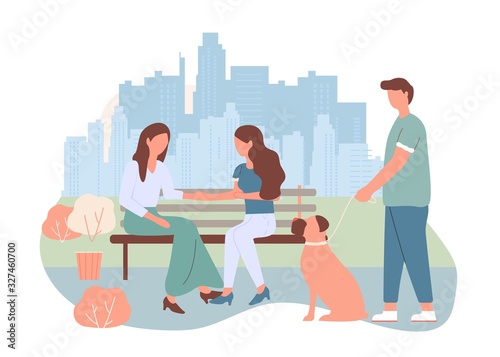 Cartoon Women Sit on Bench at City Street Talking Vector Illustration. Girls Chatting. Female Friendship. People Conversation. Man Walk Dog Summer Day at Park. Neighbour Meeting. Friends Leisure