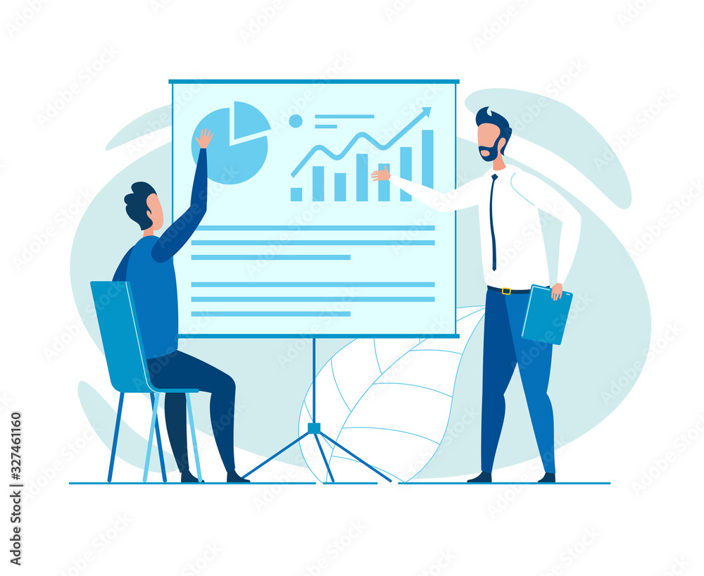 Office Worker, Dressed Smart, Showing Presentation with Diagrams, Graphs and Charts, Giving Report or Conducting Seminar, His Audience Being One Man, Holding Up His Hand, Asking Question - obrazy, fototapety, plakaty 