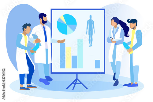 Doctors with Assistant in Wearing Uniform Consultation, Treatment Discussion and Concilium Cartoon. Human Silhouette with Graphs and Charts on Dashboard. Medical Meeting. Vector Flat Illustration